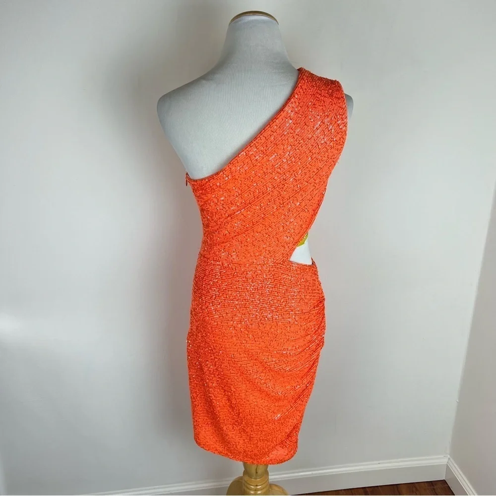Sho by Tadashi Shoji Orange Sequin One Shoulder Mini Dress Size 8
